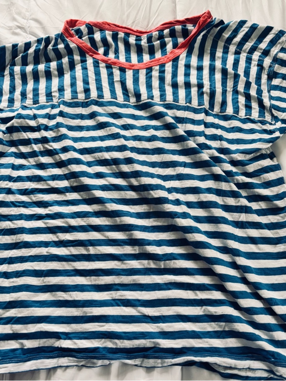 Pilcro Blue and White Striped Short Sleeve Tee with Coral Trim